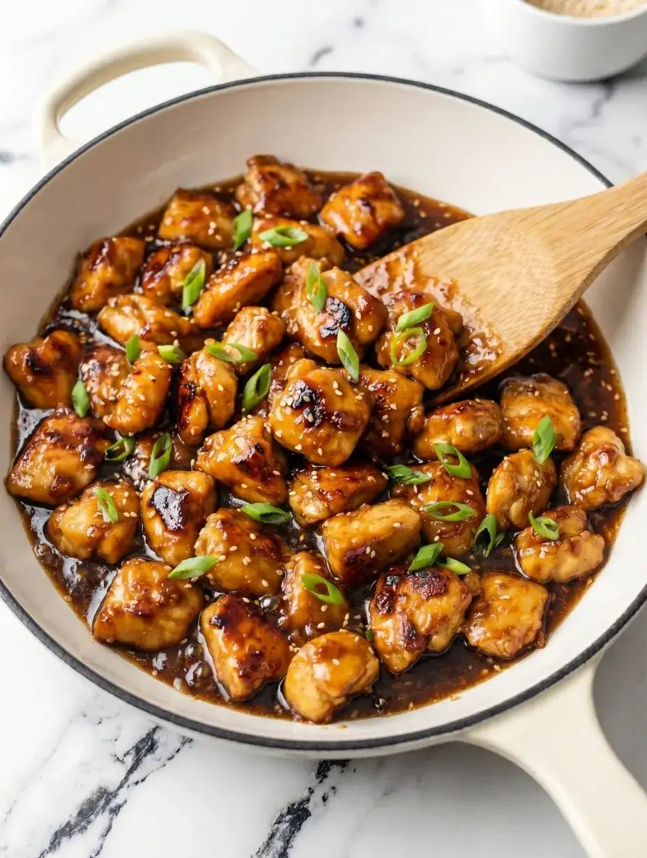 One-pan Mongolian chicken cooking in a skillet with tender chicken pieces coated in a glossy sticky sauce and topped with green onions.