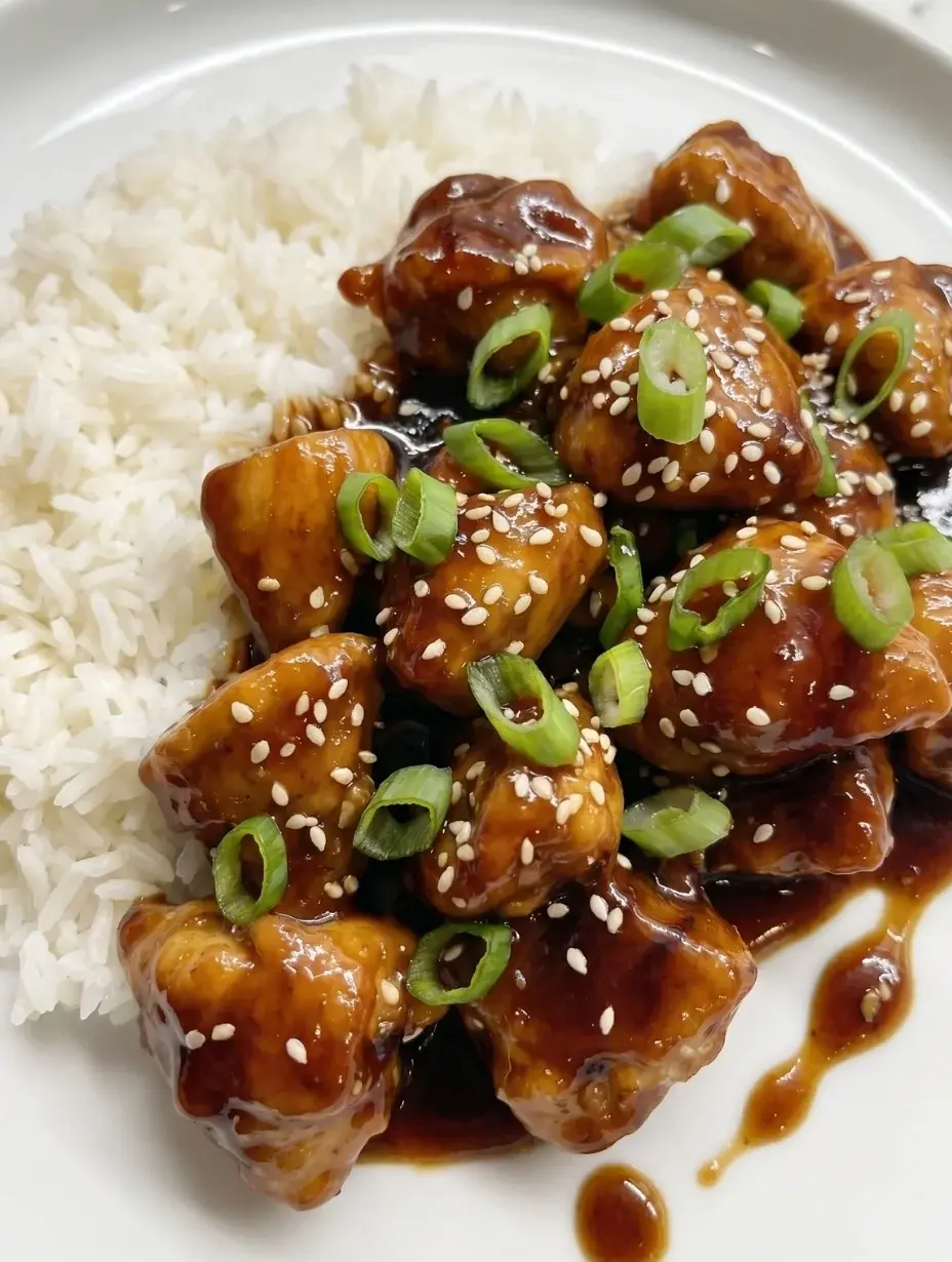 One-pan Mongolian chicken served with white jasmine rice on a plate, featuring tender chicken in a glossy savory sauce.