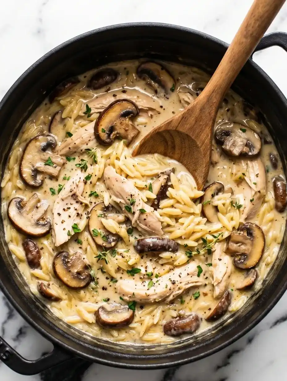 One-pot creamy mushroom chicken orzo cooking in a pan with tender chicken, sliced mushrooms, and a rich creamy sauce.