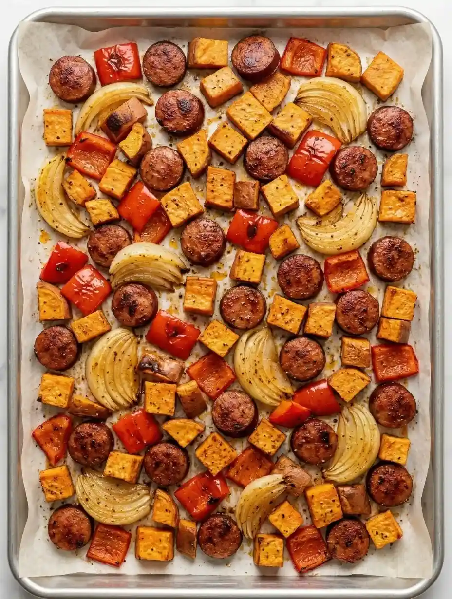 Overhead view of freshly roasted sheet pan sausage and sweet potatoes with bell peppers and onions on a baking tray.