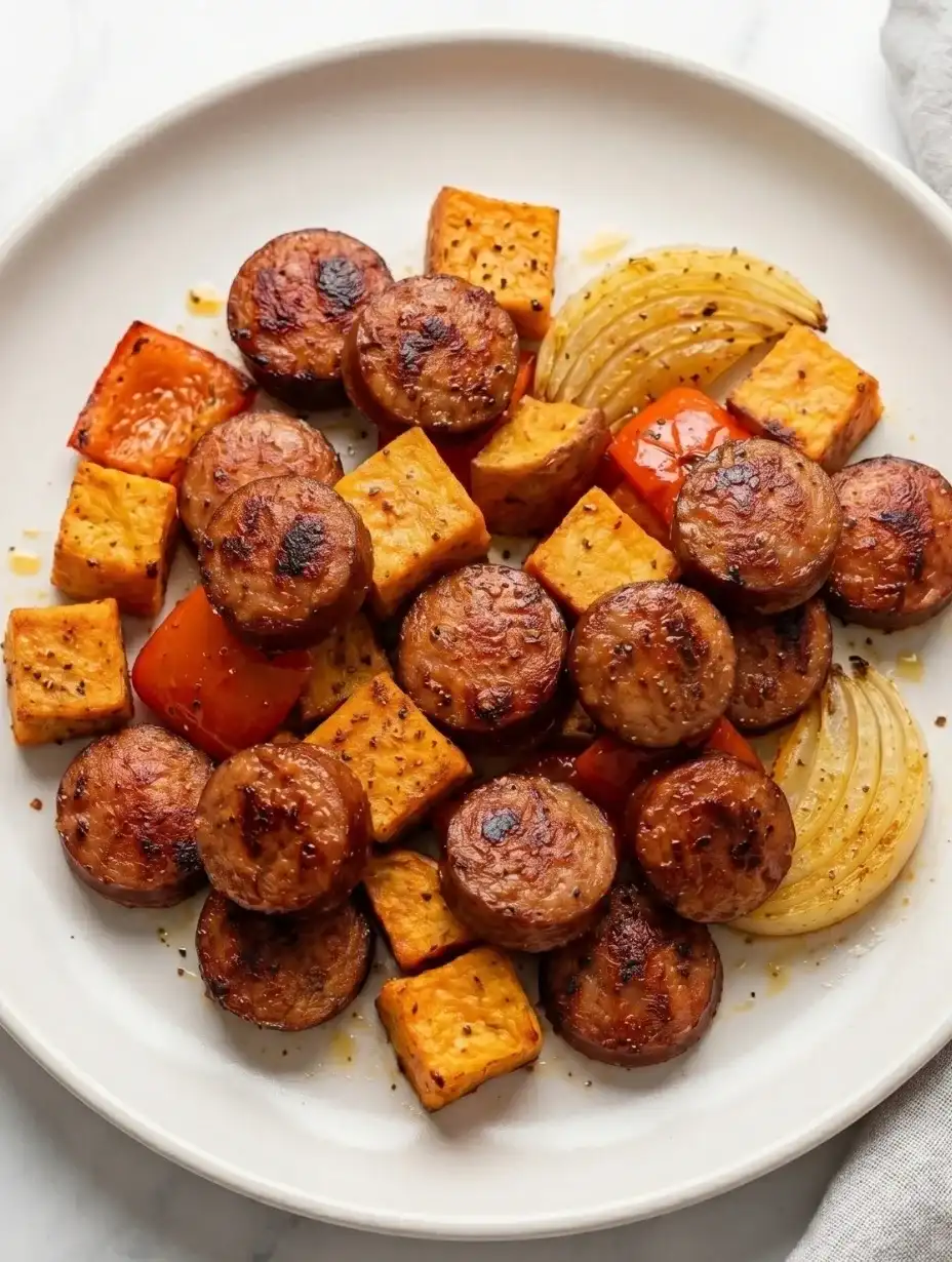 Sheet pan sausage and sweet potatoes served on a white plate with roasted bell peppers and onions, an easy healthy dinner recipe.