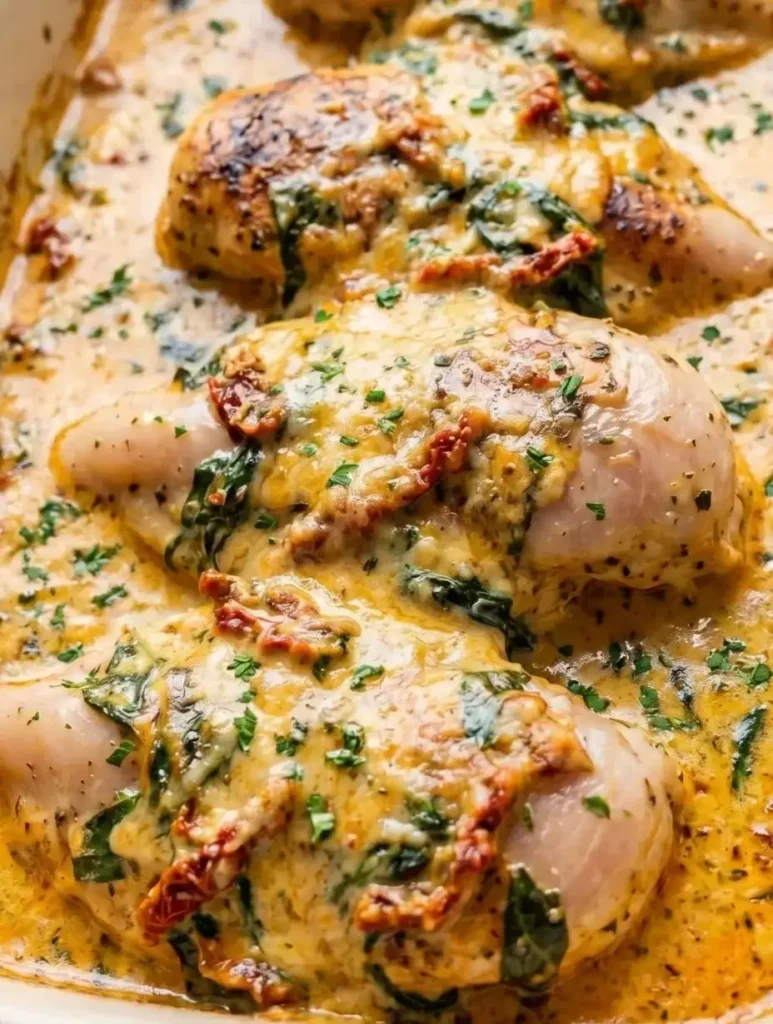 Four raw boneless, skinless chicken breasts sitting in a creamy garlic and herb sauce inside a slow cooker basin, ready to become easy Crock Pot Marry Me Chicken.