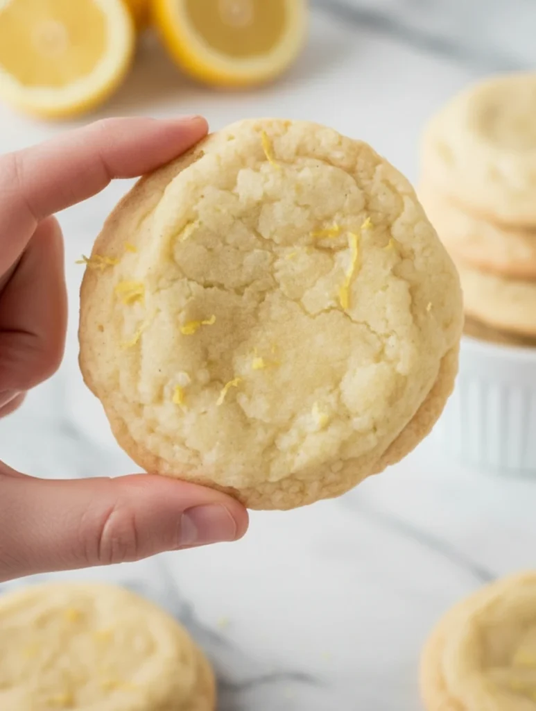 A stack of three soft and chewy lemon sugar cookies with a sparkling granulated sugar crinkle top on a clean kitchen surface