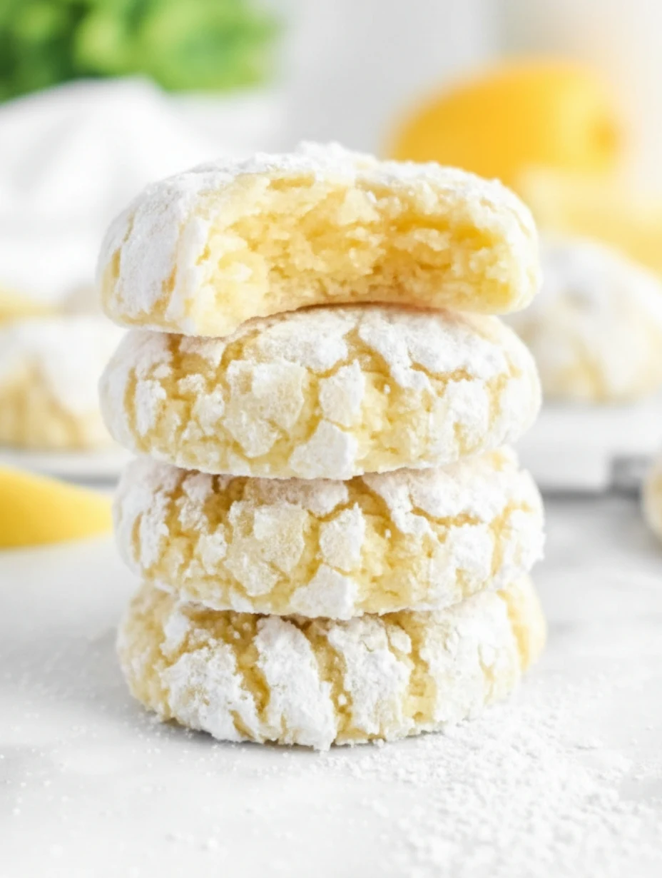 A close-up of fresh lemon crinkle cookies with a bright white powdered sugar coating and deep yellow cracks