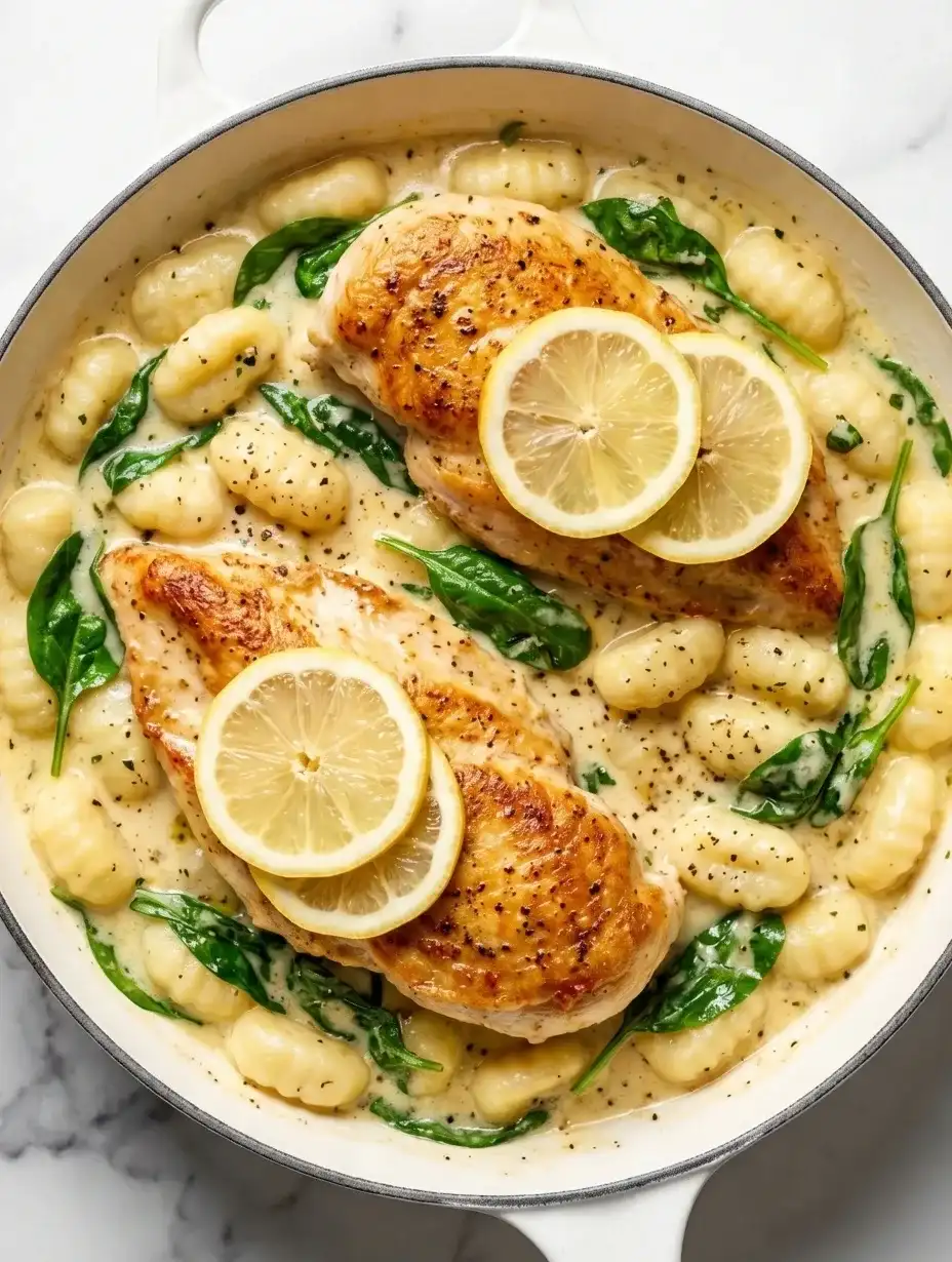 One-pan lemon chicken gnocchi with creamy parmesan sauce, spinach, and seared chicken, a fresh and easy spring dinner idea.
