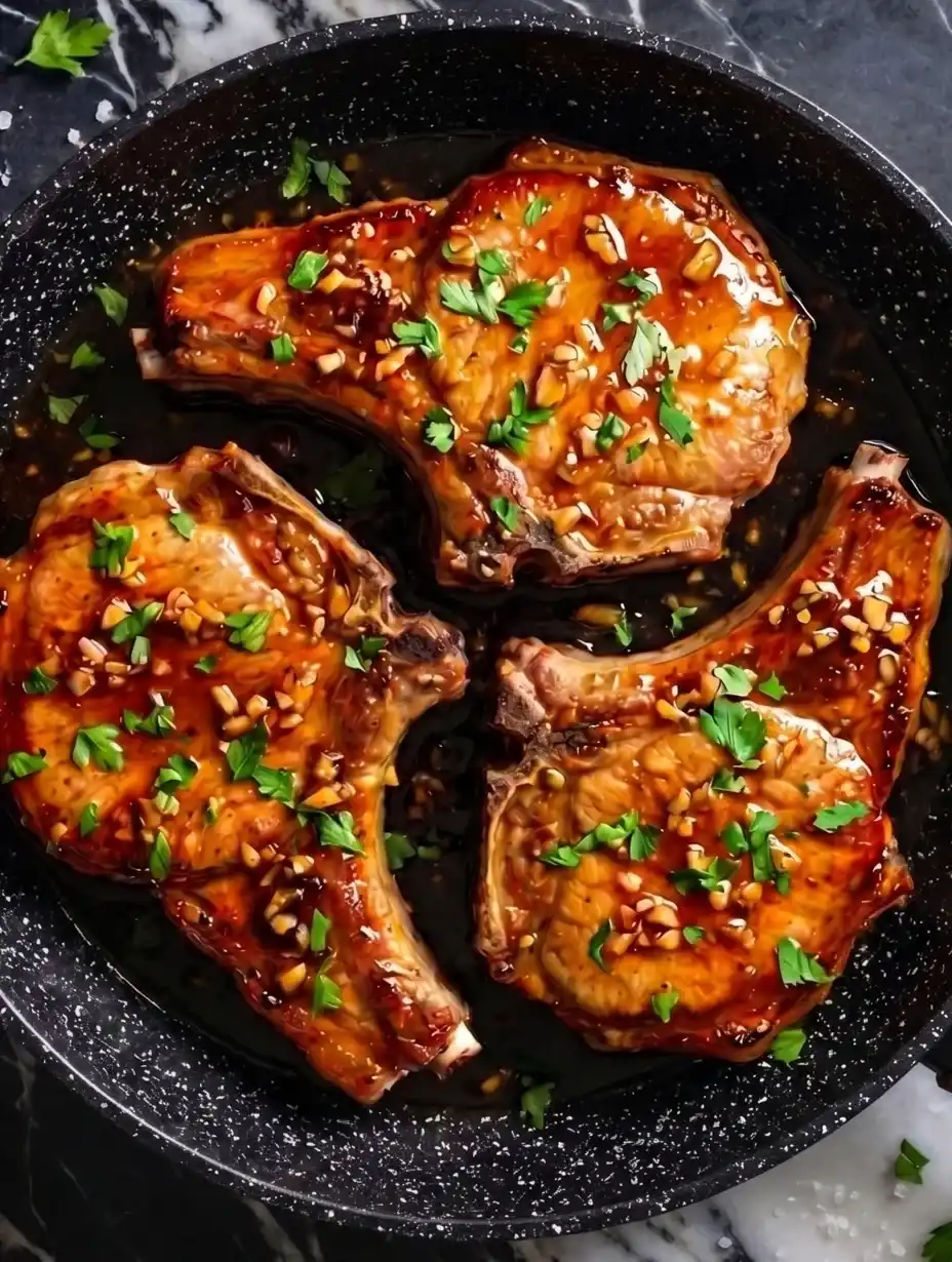 Glistening honey garlic pork chops garnished with fresh parsley in a skillet.