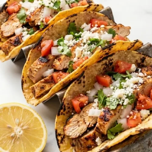 A massive serving of authentic chicken street tacos violently loaded with incredibly juicy, heavily chopped dark meat, sharp raw white onions, and highly fragrant cilantro on double corn tortillas.