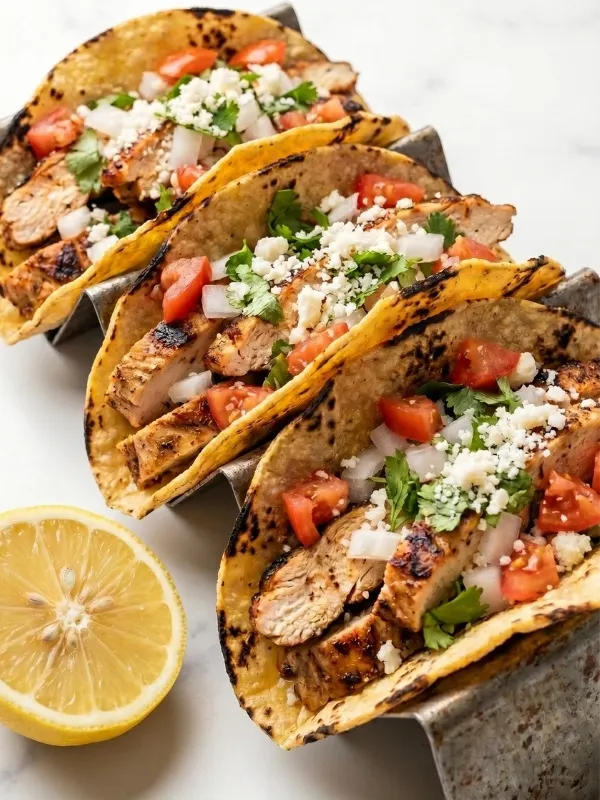 A massive serving of authentic chicken street tacos violently loaded with incredibly juicy, heavily chopped dark meat, sharp raw white onions, and highly fragrant cilantro on double corn tortillas.