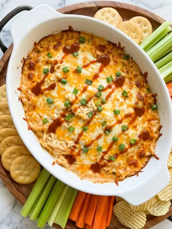 cheesy baked buffalo chicken dip heavily dripping off a thick, resting on a plate with celery and chips