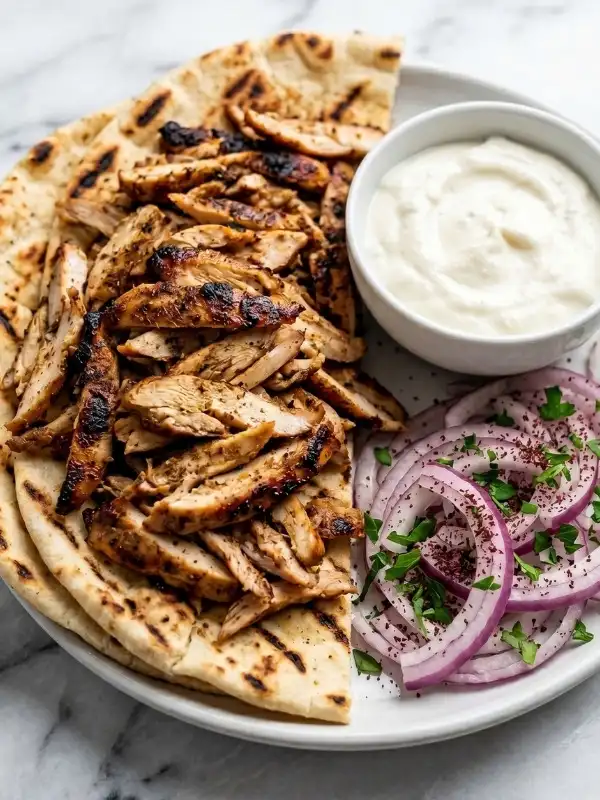 A massive platter of thinly sliced, deeply charred oven baked chicken shawarma served alongside onions wedges and warm pita bread.