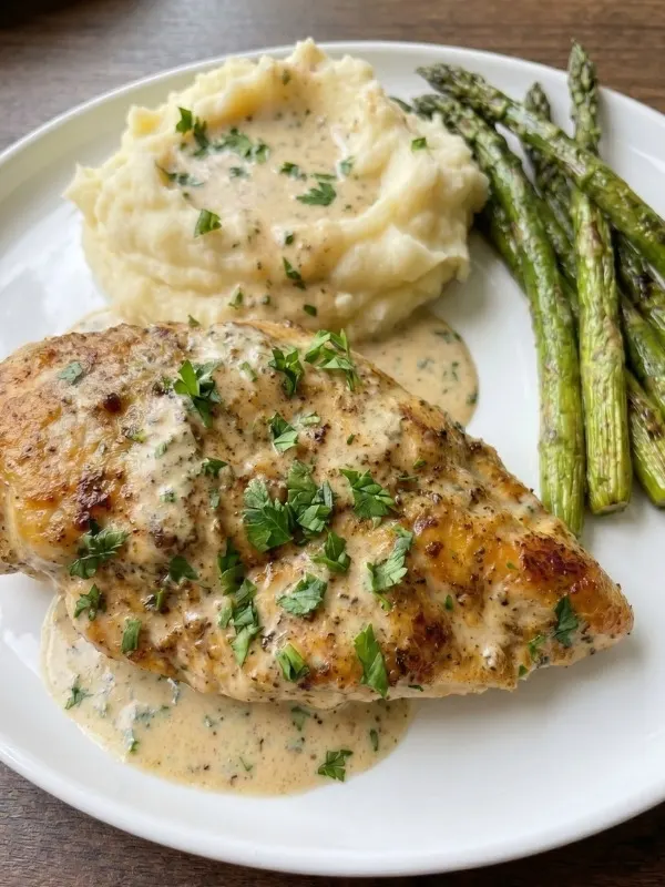garlic parmesan chicken breast served on a plate with mashed potatoes and asparagus