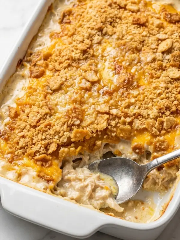 A fiercely bubbling million dollar chicken casserole completely covered in a deeply browned, intensely crispy toasted buttery cracker crust.