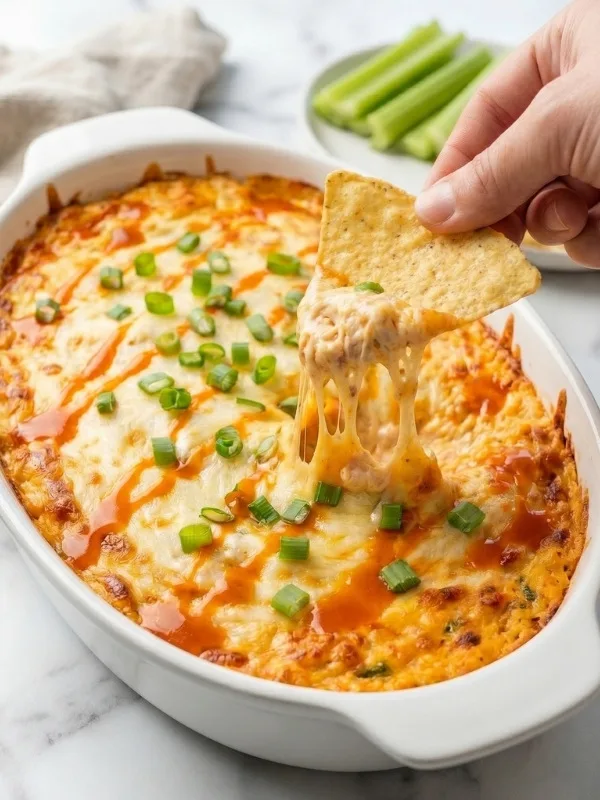 A massive scoop of fiercely bubbling, violently cheesy baked buffalo chicken dip heavily dripping off a thick, tortilla chip.