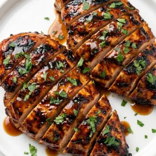 Heavily charred, ridiculously juicy grilled chicken breasts glistening with a violently sticky, deeply dark brown sugar and balsamic glaze