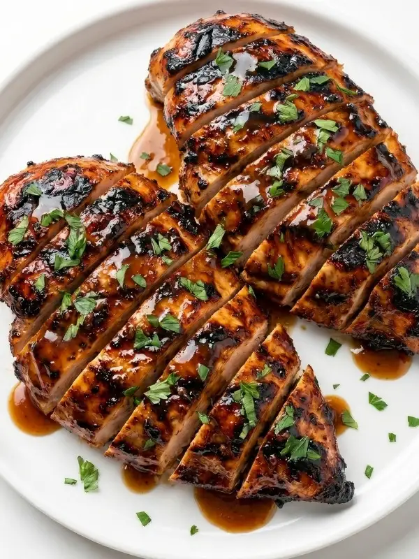 Heavily charred, ridiculously juicy grilled chicken breasts glistening with a violently sticky, deeply dark brown sugar and balsamic glaze