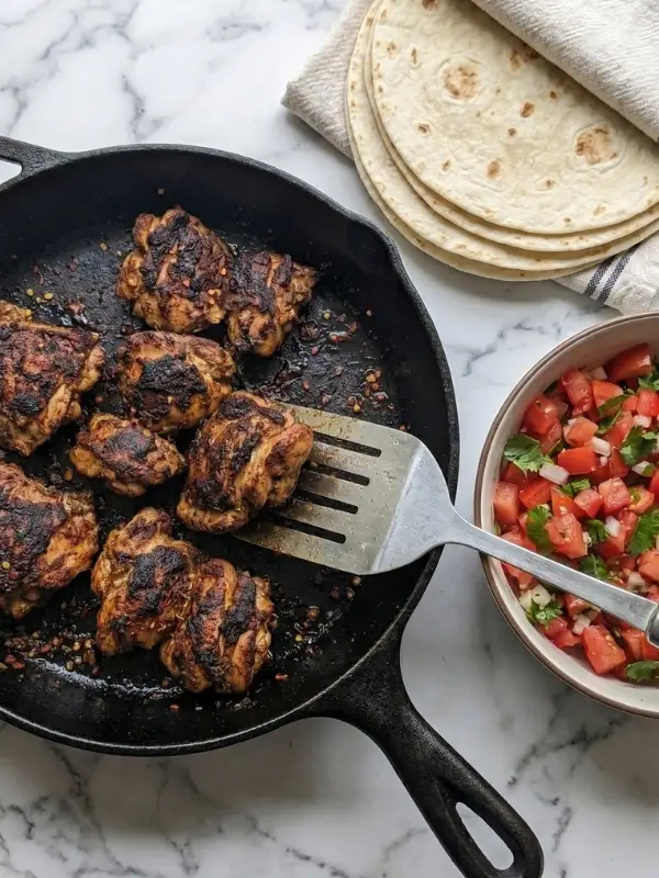 Heavily spiced, totally dark red chicken thighs searing aggressively in a fiercely hot, violently smoking cast-iron skillet to create deeply charred taco meat.