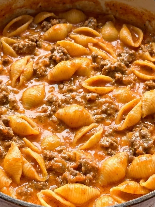 A wildly savory serving of creamy beef and shells heavily smothered in a ridiculously thick, deeply rich cheddar cheese and meat gravy.