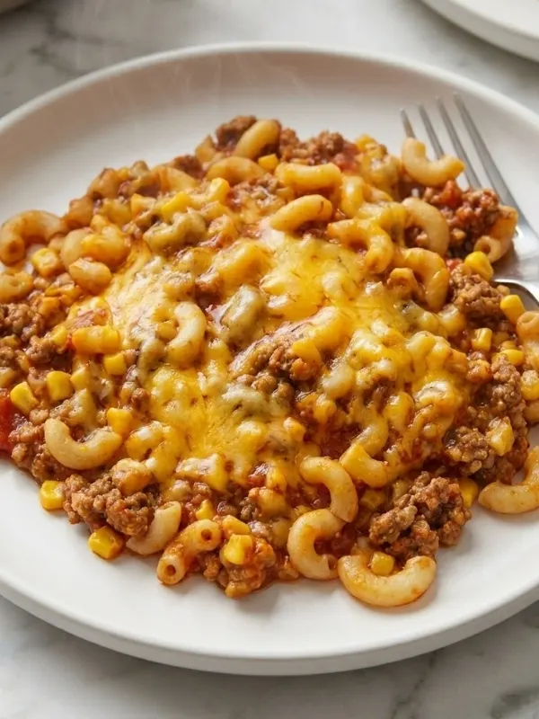 A hot scoop of homemade chili mac and cheese served directly on a white plate, showing the thick ground beef, tender pasta, and savory sauce.