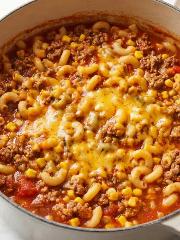 A large heavy pan filled with cheesy one-pot chili mac featuring ground beef, tender macaroni noodles, and melted cheddar cheese in a rich tomato broth.