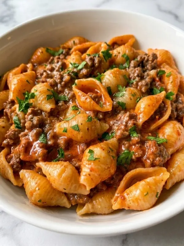 Ground beef and completely smooth tomato broth simmering fiercely in a heavy skillet before adding thick cream and dry pasta shells.