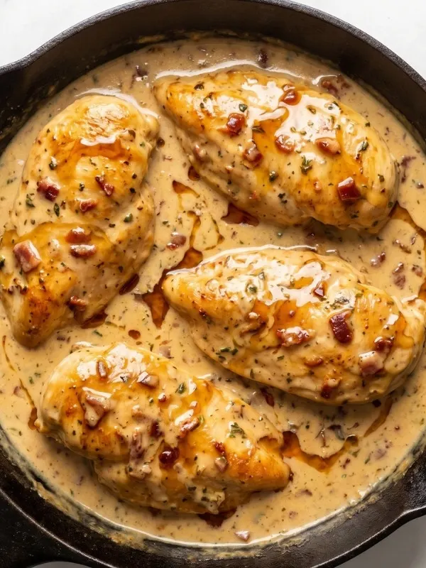Golden brown pan-fried chicken cutlets simmering fiercely in a thick, rich creamy maple and Dijon mustard sauce.