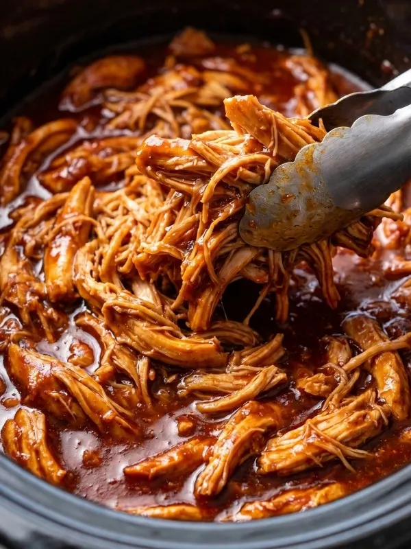 A massive ceramic slow cooker bowl completely filled with fiercely bubbling, wildly sticky shredded Dr. Pepper chicken heavily coated in a deeply dark, rich barbecue sauce glaze.