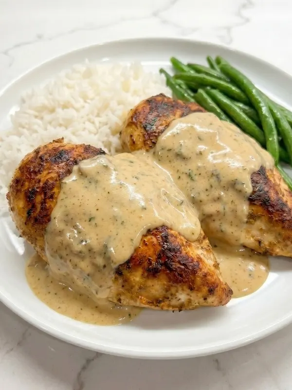 Tender, heavily seared chicken breasts completely smothered in a glossy, deeply savory, and sweet maple cream gravy. served with riz and green beans