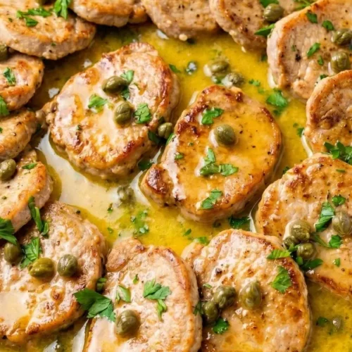 A massive skillet filled with fiercely browned pork piccata medallions heavily dripping in a wildly glossy, bright yellow lemon butter sauce dotted with green capers.