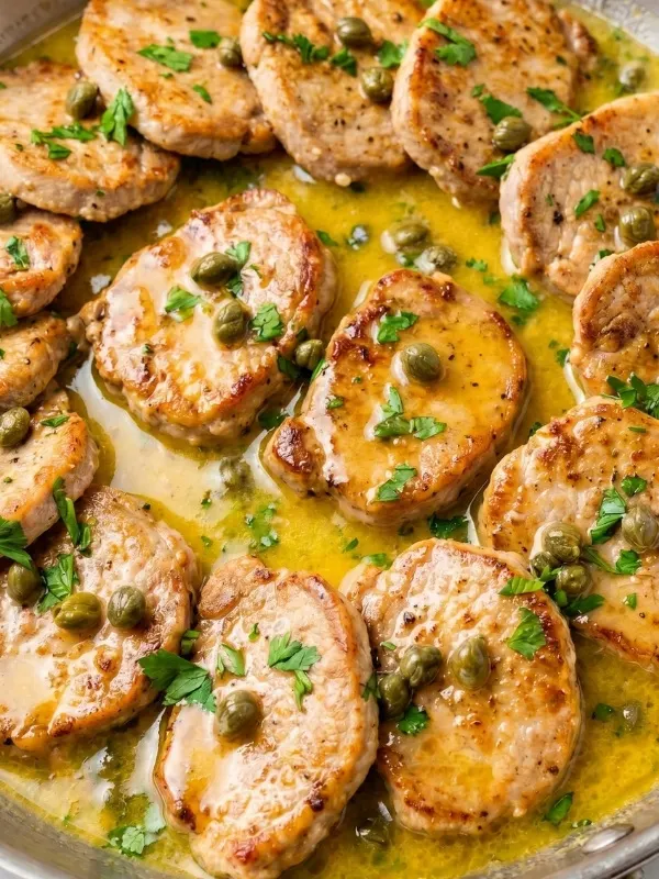 A massive skillet filled with fiercely browned pork piccata medallions heavily dripping in a wildly glossy, bright yellow lemon butter sauce dotted with green capers.