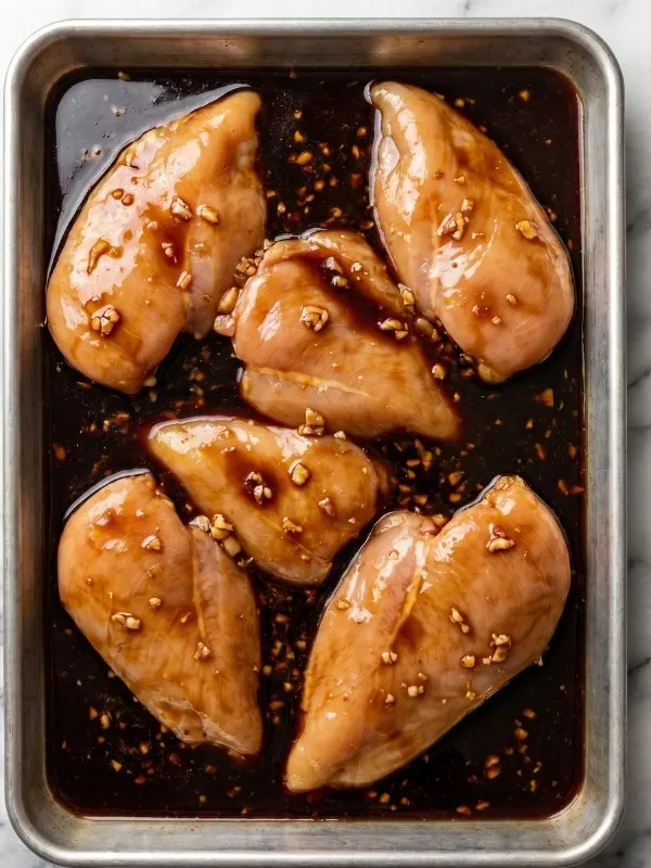 Raw chicken breasts heavily submerged in a baking sheet filled with a completely dark, intensely savory soy sauce, brown sugar, and garlic liquid marinade.