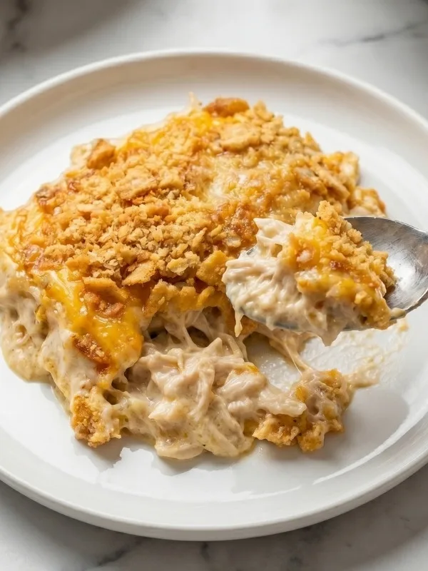 Heavily shredded chicken breast intensely folded into a wildly rich cream cheese, sour cream, and sharp cheddar gravy served on a white plate