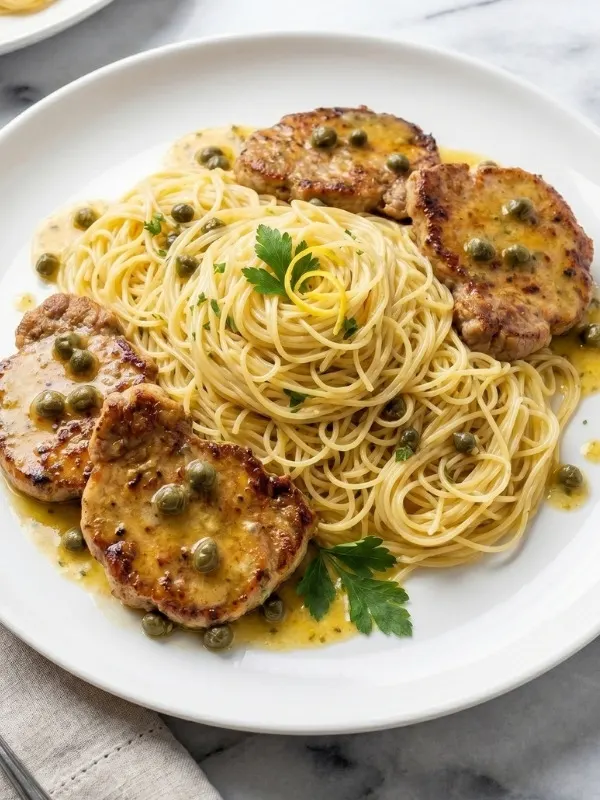 rowned pork piccata medallions heavily dripping in a wildly glossy, bright yellow lemon butter sauce dotted with green capers served in a white plate with a hair pasta
