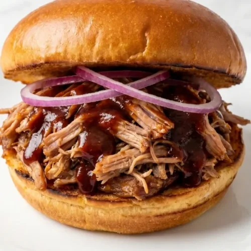 A massive pile of ridiculously tender, dark red pulled pork violently dripping with heavy barbecue sauce piled high on a toasted brioche bun.
