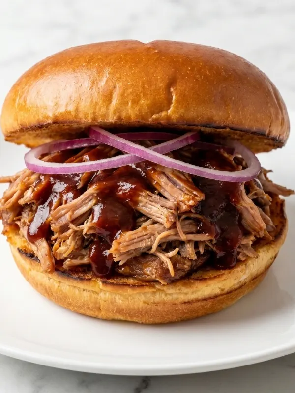 A massive pile of ridiculously tender, dark red pulled pork violently dripping with heavy barbecue sauce piled high on a toasted brioche bun.