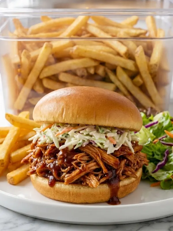 Completely raw, heavily trimmed chicken breasts violently submerged inside a freezing cold ceramic slow cooker bowl filled with deeply dark Dr. Pepper and heavy barbecue sauce with fries