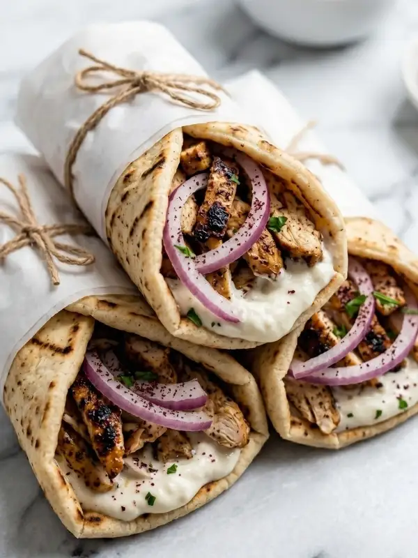 deeply charred oven baked chicken shawarma with onions and a white sauce