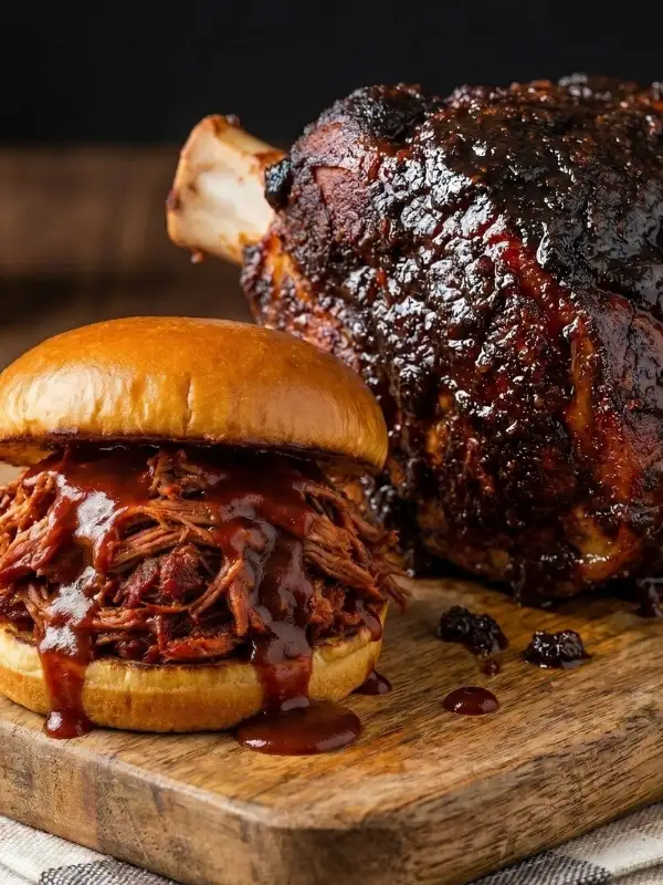 A massively heavy, raw bone-in pork shoulder completely covered in a violently sticky, dark brown sugar and smoked paprika spice rub.