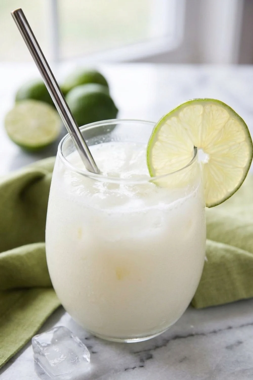 Close-up detail shot of the frothy foam and lime garnish on a glass of Brazilian lemonade, highlighting the unique texture from this Brazilian lemonade recipe.