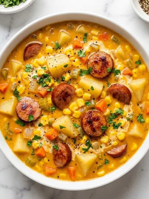 A wide, stunning view of a massive, deep ceramic bowl heavily loaded with steaming creamy kielbasa potato soup, clearly showing thick chunks of potato, bright yellow sweet corn, and perfectly browned sausage rounds in a rich, orange paprika broth.