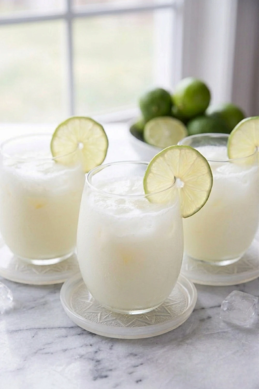 A close-up of a glass of frothy, creamy Brazilian Lemonade (Limonada Suíça) with a green patterned straw and a whole lime slice garnish on the rim, showcasing the signature look of this popular Brazilian lemonade recipe.