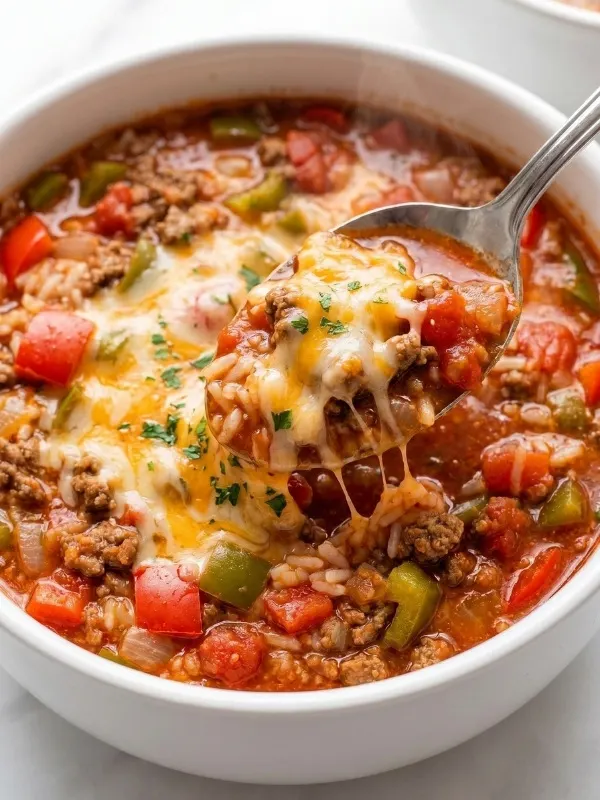 A bright white ceramic serving bowl aggressively filled with fiercely steaming, deeply dark Crock Pot stuffed pepper soup violently ladled completely over a massive mound of totally fluffy white rice and heavily garnished with fresh parsley.