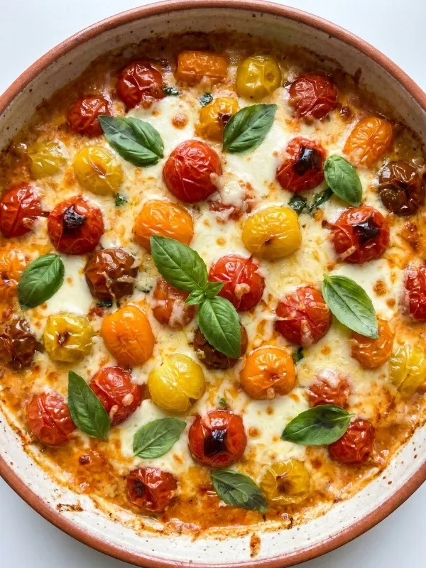 a bowl with Fiercely Bubbling Three-Cheese Tomato Bruschetta Dip