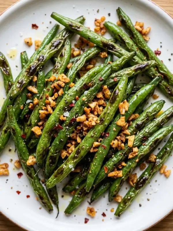 A wide, matte white ceramic dinner plate heavily loaded with vibrant, blistered air fryer green beans, showing deeply charred edges and coated entirely in golden-brown, crispy minced garlic chips and coarse sea salt.