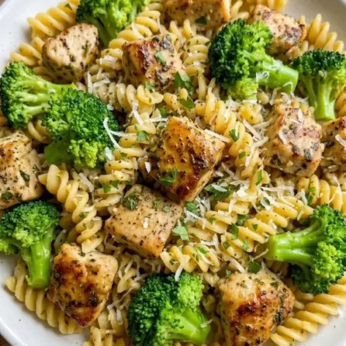A wide, matte white ceramic dinner plate heavily loaded with steaming rotini pasta, deeply golden seared chicken chunks, and vibrantly green steamed broccoli florets coated in a glossy garlic butter sauce.
