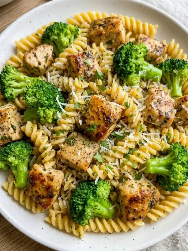 A wide, matte white ceramic dinner plate heavily loaded with steaming rotini pasta, deeply golden seared chicken chunks, and vibrantly green steamed broccoli florets coated in a glossy garlic butter sauce.
