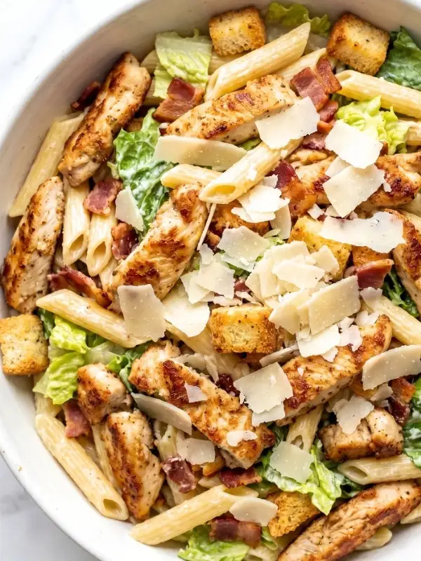 Close up of chicken Caesar pasta salad with golden pan fried chicken strips, crispy bacon, penne pasta and crunchy garlic croutons tossed in homemade Caesar dressing