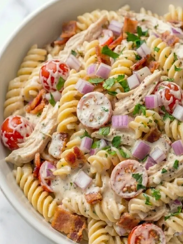 Creamy chicken bacon ranch pasta salad with rotini pasta, crispy bacon, cherry tomatoes, shredded rotisserie chicken and homemade ranch dressing in a white serving bowl