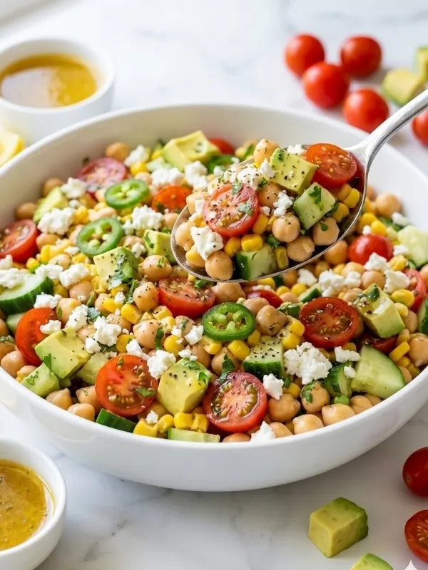 Close up of fresh chickpea salad with diced avocado, halved cherry tomatoes, sweet corn, cucumber and jalapeño tossed in honey lemon vinaigrette