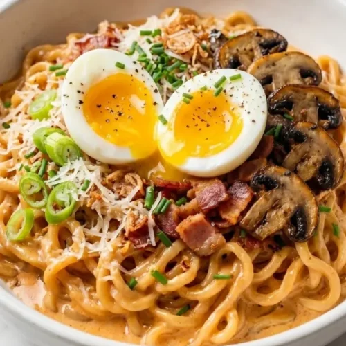 A wide overhead shot of a deep ceramic bowl filled with glossy, saucy carbonara buldak ramen noodles topped with golden garlic butter mushrooms, crispy bacon bits, thinly sliced scallions, and a heavy grating of fresh parmesan on a white marble surface.