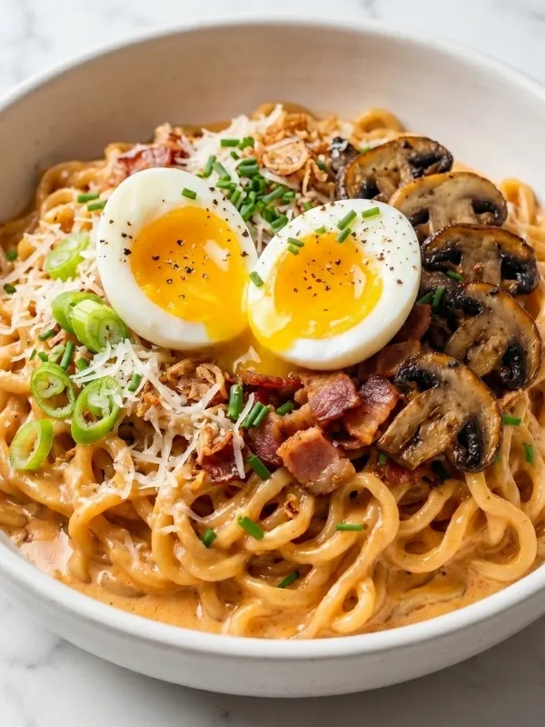 A wide overhead shot of a deep ceramic bowl filled with glossy, saucy carbonara buldak ramen noodles topped with golden garlic butter mushrooms, crispy bacon bits, thinly sliced scallions, and a heavy grating of fresh parmesan on a white marble surface.